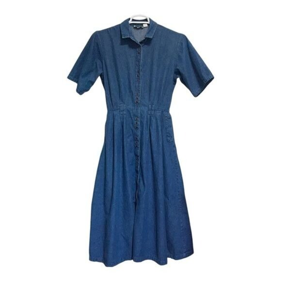 Gotcha Covered Vintage Denim Button-Up Midi Dress w/ Elastic Waist & Pockets 12 - Picture 1 of 11